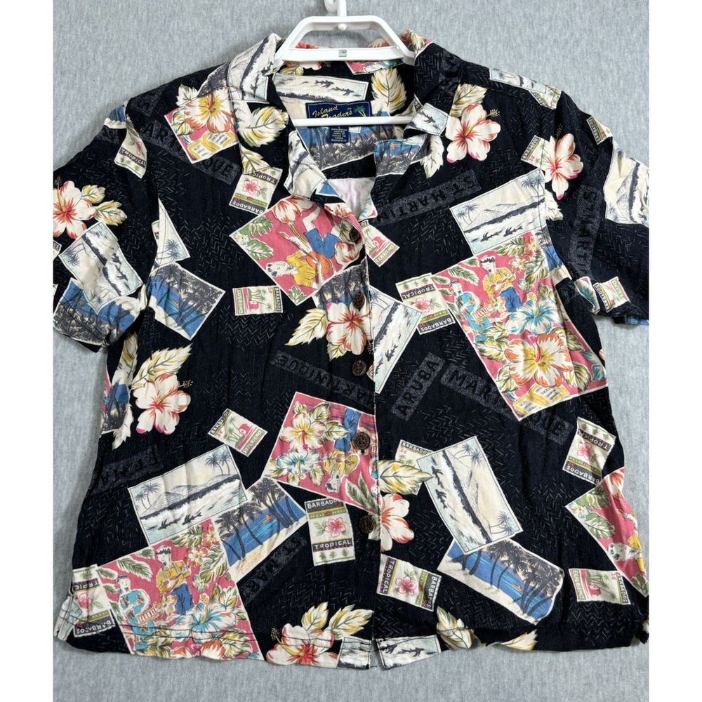 Island Traders Hawaiian Shirt Size L Rayon Barbados Travel Stamps Short‎ Sleeve